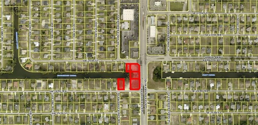 Rare fine.  This is the perfect site for a business that requires excellent visibility and access.  Don't miss out on one of the few remaining signalized corner sites left in Cape Coral's central business hub.  This prime signalized corner site is just south of Veterans Parkway.  This is a dual corner site with with 341' of Santa Barbara Blvd. frontage from corner to corner.  The sale is for 5 parcels total of which there are 4 contiguous parcels along with a stand alone site at 109 SW 28TH Terrace which must be included in the sale.  The corner to corner portion of the site contains approximately 1.12 acres.  The northern edge of the site has 175 ' of frontage of SW 28TH Street.  The property has City water, sewer, and irrigation with all assessments being paid in full.  The owners of the single lot in the middle on SW 28TH Terrace will consider offers so someone could assemble a 1.68 acre site.