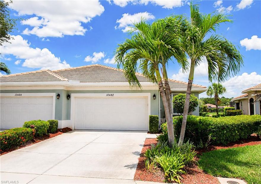 Welcome to paradise in this well maintained, shows like a model, Milan floor plan boasting a gorgeous lake view with extended lanai. DON'T WAIT AND MISS THE OPPORTUNITY TO OWN THIS 2-CAR GARAGE VILLA FOR THE PRICE OF A CONDO! NO CARPET in the home - the main area and bathrooms feature tile, with Luxury Vinyl Plank in the bedrooms. The 42" solid wood kitchen cabinets are completed by granite counters, an attractive backsplash, and kitchen bar seating. The  master bath has a new seamless glass My Shower Door and walk-in tiled shower. The laundry room has been remodeled, plumbed for a sink and has lots of storage. A/C REPLACED 2023, WATER HEATER 2024, HOA COVERS ROOF CLEANING AND EXTERIOR PAINT. Enjoy the luxury feel of plantation shutters to filter light/heat. Exterior features include ACCORDION STORM SHUTTERS on windows and ELECTRIC STORM SHUTTER on lanai - a nearly $15k value. Plus the sellers are offering a 1-year home warranty. 2019 Club Golf Cart included with the sale of the home with an acceptable offer. Pelican Preserve is one of Southwest Florida’s Premier 55+ Communities offering Golf, Dining, Fitness, Pickleball, Softball, Social Activities, and Resort-Style Amenities. Plus, Pelican Preserve is conveniently located close to RSW Airport, Shopping & THE BEACHES!