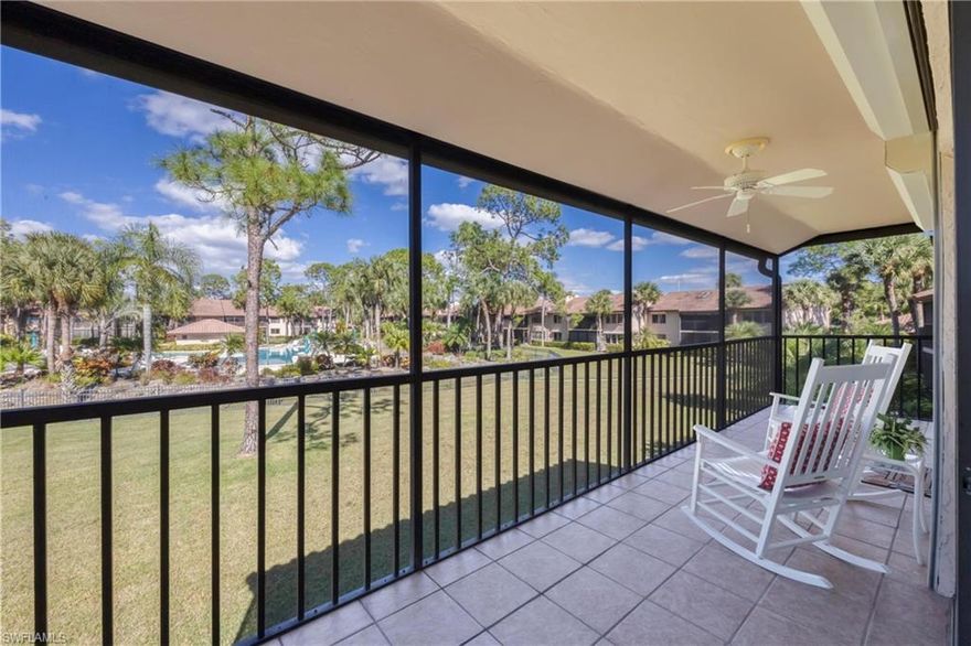 Nantucket meets Naples Beach in this immaculate and tastefully decorated 2 bedroom, 2 bath condo with a 1-car detached garage. This is a quiet, serene community in a great location. Soaring ceilings with lots of natural light and a view from the spacious lanai, with electric shutters, to the "Disney" style pool. A laundry room that has storage galore! Beautiful large kitchen with new LED recessed lights in the ceiling, granite counter, sliders to the front patio, ample cabinets. Tile and wood flood floors, beaded board on the walls and so much more! Offered turnkey furnished.