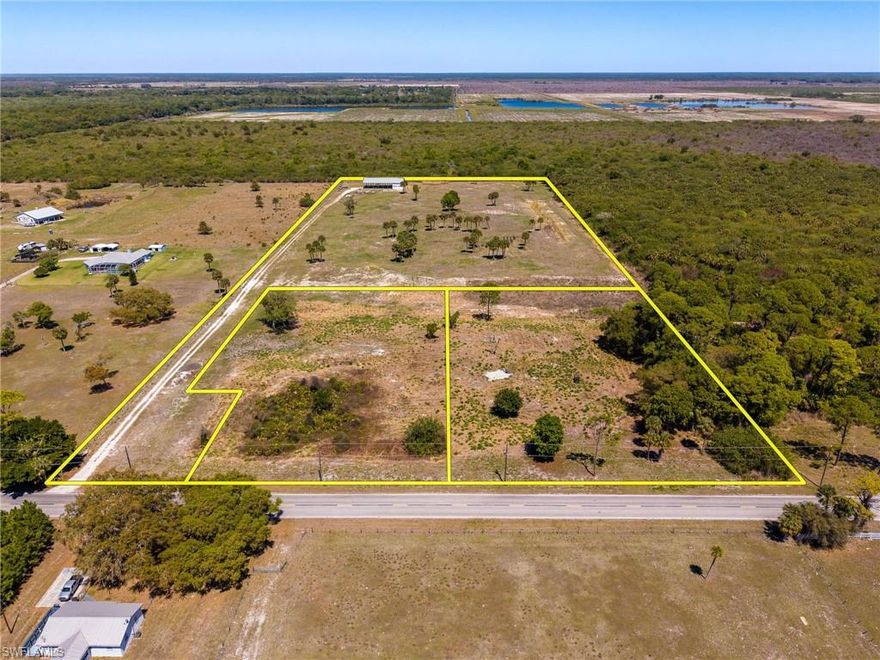 Welcome to 18020 Caloosa Ridge Rd in Alva (use 22301 N River Rd for GPS), a rare opportunity to own nearly 15 acres of cleared, high-and-dry land in one of the most peaceful and desirable areas of Lee County. With elevations reaching up to 31 feet, the majority of the property sitting above 20 feet, and even the lowest points at a solid 14 feet, this land offers exceptional peace of mind and year-round use. This unique property is thoughtfully divided into three parcels, providing unmatched flexibility and investment potential. Two separate 2-acre parcels are positioned at the front, ideal for building, selling individually, or creating additional homesites and are included in the sale. The third parcel is fully prepped and ready to build, already exceeding required building elevation with no need for costly fill dirt. A massive 50’ x 100’ pole barn is already in place, with a portion enclosed to securely store agricultural equipment, vehicles, or recreational gear. Whether you're a hobbyist or simply need space, this structure adds immediate value and functionality. Infrastructure is already underway with underground power and well with a water treatment system, saving you time and expense as you plan your build. Whether you're looking to create a private estate, multi-generational family compound, or invest in a property with subdivision potential, this property has it all. With an approved LDO already in place, this is your chance to build not one, not two, BUT three homes in a quiet, rural setting without sacrificing convenience. The Alva School, Alva boat ramp, and mountain bike trails at Caloosahatchee Regional Park are all within minutes. South Florida Water Management District property surrounds this property to the north and south, securing your privacy for years to come. Opportunities like this are rare, don’t miss your chance to secure a premier piece of land in Alva.