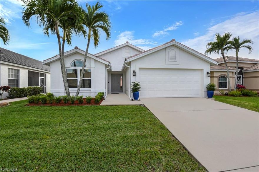 Meticulously cared for & UPDATED home in gated Gateway community! A NEW TILE ROOF w/ transferable warranty was placed on the home in 2019, new impact resistant windows were installed in 2020, the landscaping has just been updated & privacy fence on both sides of the backyard has been installed, and the carpeting, hot water heater, fridge, & washer/dryer are only 5 years old. Beautiful home featuring great room layout, split bedroom floor plan, large tile flooring in main living areas & den, contemporary light fixtures & remote control fans, tint on sliders, custom shades on lanai, vaulted ceilings, frameless glass enclosure on master shower, spacious kitchen, whole house water filtration system, oversized 2-car garage, and a long screened rear lanai. Situated in Silverlakes which offers a secured gate at front entry, community room, exercise room, and lakefront pool w/ LOW HOA fees! Very convenient location- close to SWFL Int Airport, I-75, and JetBlue Stadium, Spring Training Field for the Boston Red Sox. Plus, it is right around the corner from all that Gateway has to offer- shopping, restaurants, basketball, sand volleyball, sports fields, pool w/ lap lines, playground, & more!