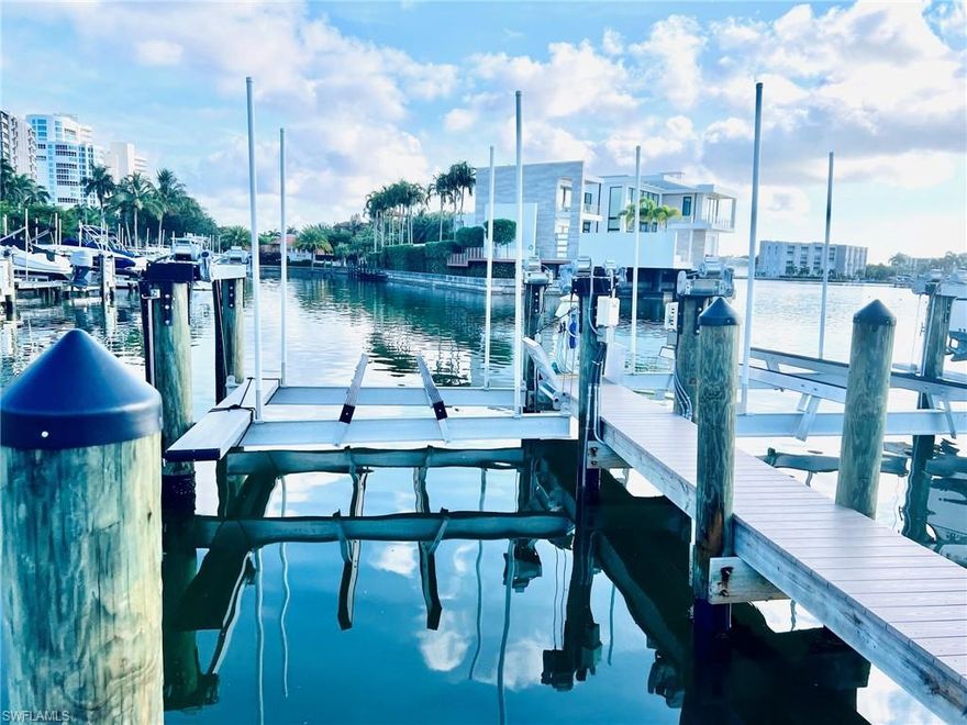 Rare opportunity for PARK SHORE residents to own Boat Slip #24 in Venetian Bay Yacht Club (south marina). This part of the marina has already been through renovations, there will be no disruptions and no assessments. In 2019, a 16,000# electric boat lift was installed, no need to wait months to get your boat out of the water. Electric and Water are included in the annual fees and there is plenty of convenient parking. Just a very short walk to the Venetian Village after finishing your day of boating on the beautiful Gulf of Mexico waters. Gulf access through Doctors Pass is just 1.5 miles.