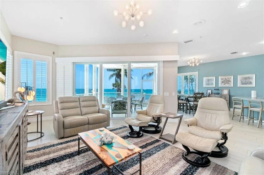 Looking to own a beach front home that will pay all expenses plus profit and still let you enjoy the weeks you desire - you have found it.  Investors - home is booked nearly year round with 5 star reviews and is kept in immaculate condition. “Seabreeze on the Beach” is sold turnkey furnished in light coastal style and there are leases in place with rental history for review.  This 3 story Bonita Beach Gulf front home offers 6,673 total living sq ft and 3,750 AC sq ft with 6 bedrooms + den, 5 baths ideally located in the southern most part of the island. The home was completely reimagined and updated in 2020 and further recent updates that included a 1083 sq ft brick patio, stairs to the beach, and large chicken hut right on the beach. The open floor plan features large kitchen with sit at island, custom white wood shaker kitchen cabinets, light granite countertops and upgraded stainless steel appliances open to the dining room and great room which are all open to the screened lanai with sweeping Gulf views from North to South from all the rooms. Pocketing sliders allow for seamless indoor/outdoor living & unobstructed Gulf views. Two guest bedrooms with en-suite baths and the powder bath complete the main living level.  The 3rd floor features 4 bedrooms with the master suite and a large guest bedroom that overlook the Gulf with a private covered lanai. Enjoy the year-round-sunsets & sound of surf from all three levels. Other upgrades include a private elevator to all 3 floors, 2018 roof replacement, new HVAC in 2023, new water heater 2017 and neutral paint inside & out. Also includes impact glass doors, electric shutters, wood plank flooring, soaring ceilings, brick-pavered driveway with extra parking & garage with room for 4 cars + toys. Walk to restaurants, jet ski rentals, boat rentals, para-sailing.   Mercato,  Promenade, Coconut Point, entertainment, golf courses and the International Airport are all nearby.  Note: The property next door to the south is also being sold by Seller with same great rental history and current bookings in case you are looking for a larger rental property investment MLS 226002096.