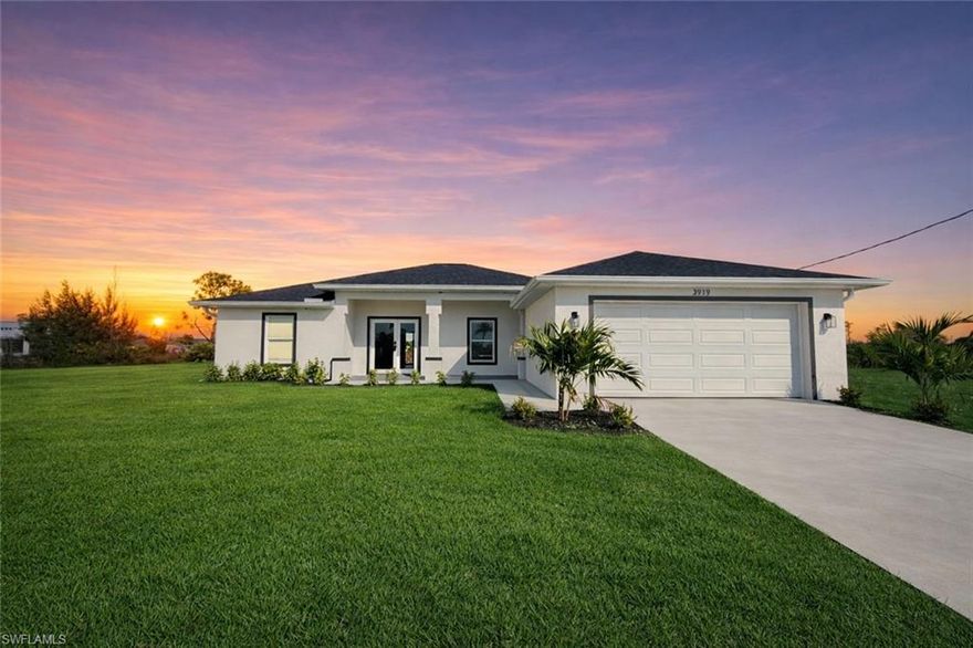 Recently completed this like-new construction home offers four bedrooms and three full bathrooms with plenty of space for guests or a home office. Situated on a freshwater canal, the property provides a peaceful setting while remaining conveniently close to grocery stores, dining, and everyday essentials. The kitchen is designed for both function and style, featuring quartz countertops, a large center island, white shaker cabinetry, and stainless steel appliances. Matching tile flooring runs throughout the home for a clean, cohesive look and easy maintenance. Impact-resistant windows and doors provide added security and peace of mind. Ideally located just a short drive to US-41, Pine Island Road, and Del Prado Boulevard, this home combines modern construction, canal-front living, and convenient access to shopping and major roadways. Not in a flood zone.