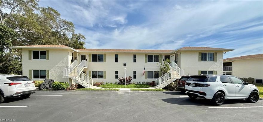 Discover paradise in the bundled Golf community of Glades Golf and Country Club! This 2 bed, 2 bath upper condo stretches 1403 square feet with sunlight flooding in through every window for those bright, inviting vibes. Slip out to your tiled screened lanai—your perfect morning coffee spot, wrapped in peaceful views and soft breezes.  Parking spots sit right outside your door. Stroll to one of nine pools, or sink putts on Pines (18-hole, par 70) and Palmetto courses—(18-hole, par 55 executive)—recently upgraded. Amp up your game on 12 new pickleball courts, 6 Har-Tru tennis courts, bocce, and shuffleboard. This active and social life’s a blast—karaoke nights, mah jongg, poker, dinner dances, art rooms, fitness classes, book clubs. So much to enjoy and just a 10 minute drive to downtown Naples and beaches.