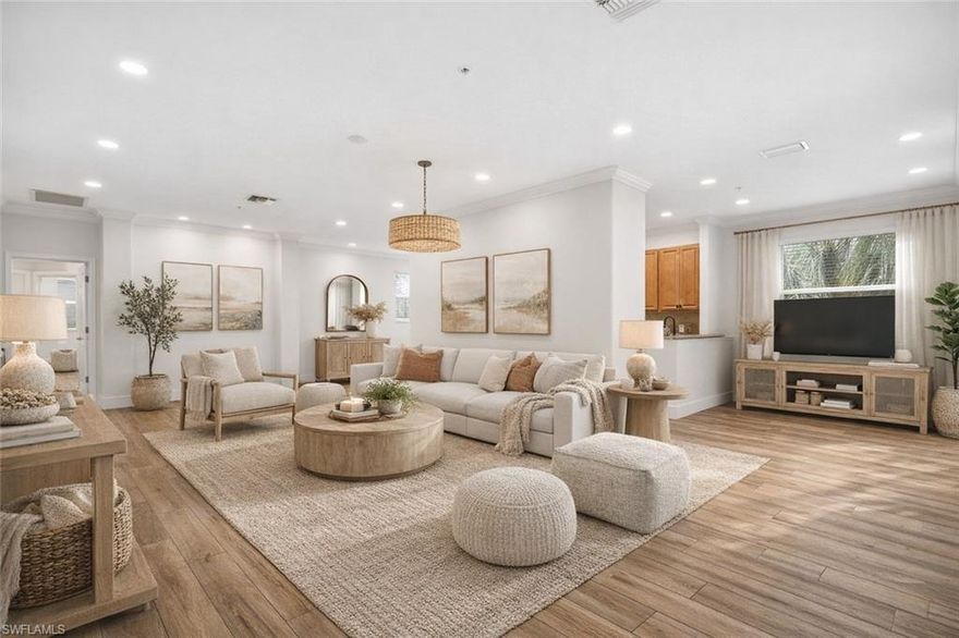 One or more photo(s) has been virtually staged, AI generated or rendered.  This inviting and spacious 3-bedroom, 2-bath coach home offers the comfort and privacy of a single-family residence with the ease of condo living. The desirable split floor plan features high ceilings, an open great room, and generously sized bedrooms designed for both everyday living and entertaining. The kitchen includes wood cabinetry, granite countertops, stainless steel appliances, a pantry, and a breakfast nook overlooking the peaceful preserve. The primary suite features two walk-in closets, while each additional bedroom also offers a walk-in closet for excellent storage. Unwind on the large screened lanai and enjoy tranquil preserve views, an ideal setting for morning coffee or evening relaxation. An extended garage provides additional storage. Residents of Hawthorne enjoy access to two pools, tennis courts, two clubhouses, fitness centers, and scenic walking and biking paths. Ideally located west of I-75 between Naples and Fort Myers, just 5 miles to Coconut Point Mall, 6.5 miles to Bonita and Barefoot Beaches, and approximately 20 minutes to RSW Airport.