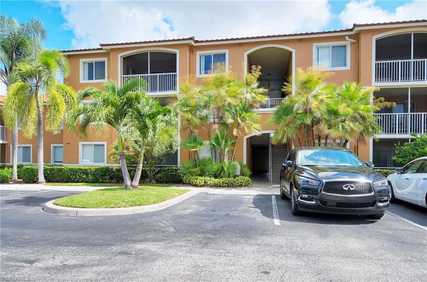 2/2 on the 3rd floor. Luxury Gated Community with low HOAs and lots of amenities...Club House offers: Billiards/Library, Heated resort-style pool, Tennis/Pickle Ball, Fitness room, Racketball, Bocce ball, Car wash.  Enjoy paths around community lake with fountain. Management on premises. 2020 Water Heater & A/C. Granite counter tops in kitchen & bathrooms. Private washer & drier in unit. 12x24 rectangular contemporary tile throughout entry, kitchen, laundry room and master bathroom. Carpet in bedrooms and living room. Teak look parquet flooring on lanai. 2nd Bedroom with walk-in closet & additional closet. Linen closet near 2nd bedroom. Master Bedroom has 2 closets and Lanai has 3 entry ways from living room and both bedrooms. Airy, bright and spacious unit. 1 parking spot assigned (145 Reserved). Contemporary lighting in living area. Must see.