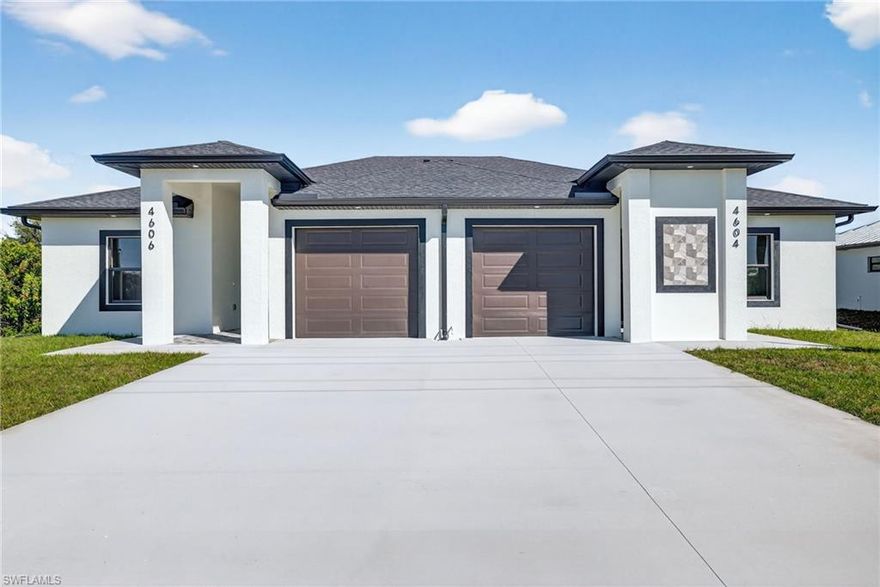 New construction duplex with two identical 3 bedroom and 2 bathroom layouts designed for durability and flexible use. Concrete block construction, impact resistant windows and doors, tile flooring throughout, quartz surfaces, and epoxy finished garages reduce long term maintenance compared to typical builder grade duplexes.


|

Both units feature an 8 foot glass ESW front door opening into a main living area with approximately 10.5 foot tray ceilings. A full stainless appliance package, including washer and dryer, is included. Private covered patios are separated for added privacy, and wide paved driveways allow comfortable access for larger vehicles.


|

Positioned across from wooded Westminster Golf Club property, creating an open feel with no immediate development across the street. Convenient access into Fort Myers supports everyday commuting, while the two bedroom layout with a dedicated den provides added flexibility for office, guest, or extended living space.
