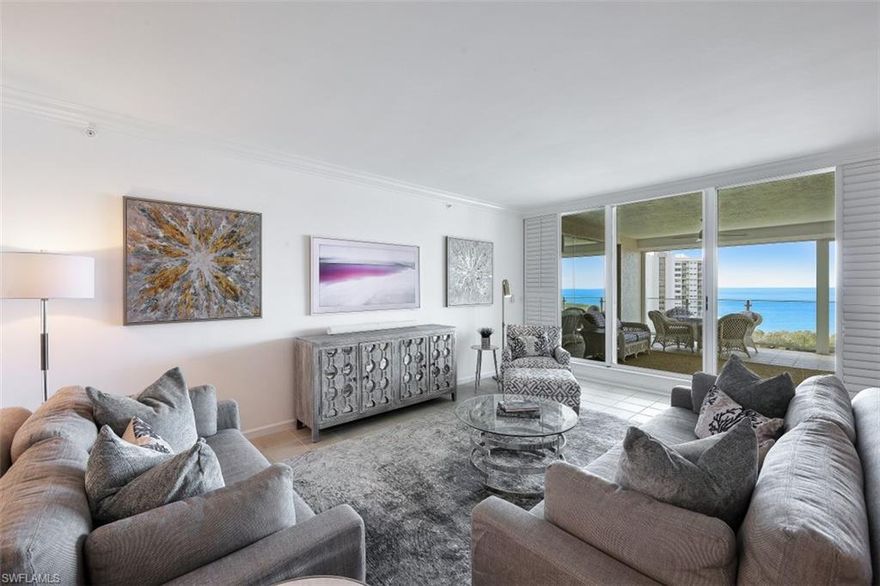 C7969 LUXURY BEACHFRONT CONDO ~ 3 BDRM/3 BATH stylishly updated condo in Baypointe at Naples Cay. This 12TH FLOOR CONDO offers spectacular views of the Gulf, Clam Bay & Venetian Bay. Just steps to the sand! NINE FOOT CEILINGS, NEW A/C Jan. 2023, NEW state of the art tv w/Sonos wifi sound bar in the living room, GE Monogram kitchen appliances, two dishwashers: Fisher & Paykel & GE. SubZero wine cooler. Freshly painted throughout. Two large lanai’s totaling nearly 600 SF ~ the west facing lanai offers Gulf and Clam Bay views, perfect for watching sunsets. The east lanai offers Venetian Bay and city views, perfect for watching sunrises. Baypointe is an amenity rich building renovated in 2018 ~ 3 guest suites, large sunset deck, social room with caterer's kitchen, state of the art fitness room, owner's lobbies with just 3 units per floor, kayak ramp and more. PET FRIENDLY building allows TWO PETS. Nestled between Park Shore and Pelican Bay, Naples Cay is a private, guard gated, beachfront community that offers a unique level of privacy and tranquility, yet is within walking distance to fine dining, shopping & entertainment of Venetian Village, Waterside Shops, and Artis-Naples.