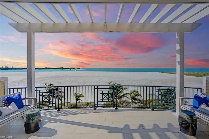 Direct-beachfront masterpiece, recently developed by highly regarded "Windover Development" & built by “Potter Homes,” with breathtaking Gulf views. Perfect rare location on the South tip of Estero Island, a stone’s throw to Lovers Key, with a deep stretch of sandy beach behind for unrivaled privacy. Coveted Southern exposure offers prime sun on the beachfront pool deck & picture-perfect sunsets with dolphins splashing & boats sailing through Big Carlos Pass. From the white oak hardwood floors & handcrafted light fixtures, to the warm beachy color palette, this home is TURNKEY with stunning designer furnishings/décor by Freestyle Interiors & is COMPLETELY MOVE-IN-READY. Fantastic open floor plan with spacious guest suites all with en-suite baths, dual master suites (one on main floor), gourmet kitchen with designer coastal finishes & ultra-private master wing with sitting areas & spa-like bath. Built to the newest codes, this recently built home includes storm impact glass doors/windows, private elevator, surround sound system, smart home technology, electric automated screens & window treatments, metal roof & all newer systems/equipment. This Fort Myers Beach gem will not last.