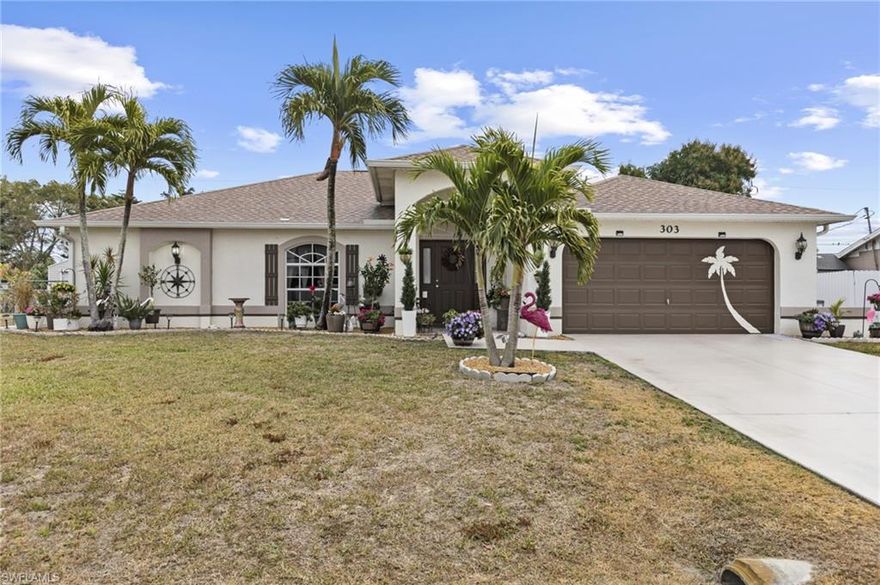Welcome to this upgraded 3 bedroom, 2 bathroom pool home in the heart of Cape Coral. Conveniently located near parks, Del Prado, Pine Island Road, and Hancock Bridge Parkway, with restaurants and entertainment just minutes away, this home also offers an easy commute to Ft. Myers. Being on the hospital grid makes it less likely to lose power during outages.

A striking custom stone wall at the entrance sets a warm and inviting tone, leading into a bright and spacious living room. The layout flows into an additional living space/family room featuring a vaulted ceiling, perfect for a media room, game room, or relaxed gathering area. Tile floors run throughout the main living areas, while bedrooms feature durable and stylish LVP flooring.

The kitchen has been refreshed with all new appliances, granite countertops, a breakfast bar, and generous cabinet space, enhanced by the continuing stone wall detail. A pass-through window opens to the large partially covered lanai beside the pool, seamlessly connecting indoor and outdoor living. The dining area sits adjacent to the kitchen, ideal for casual meals or hosting guests.

The primary suite is impressively sized with a large seating area, private access to the screened lanai, and two walk-in closets. The ensuite bathroom includes dual sinks and a walk-in shower, creating a luxurious retreat. A split bedroom layout provides added privacy, with two additional bedrooms on the opposite side of the home. They share a full bath that also opens directly to the lanai and pool area.

Outdoor living is a true highlight. The partially covered lanai features pocket sliding doors and overlooks the saltwater pool, making entertaining a dream. The fenced backyard provides plenty of space for relaxing or gathering, with a concrete pad that can accommodate a fire pit, shed, or other outdoor setup. Beautiful landscaping includes fruit trees, adding charm and natural beauty to the yard. The lanai is also equipped with 150 mph wind resistant screens.

Additional features include a newer roof just 3 years old and gutters added in 2024 for added peace of mind. The two car garage offers versatility with its own separate A/C unit, independent from the main home system, ideal for a workshop, home gym, or additional climate-controlled storage. Furniture is negotiable for added convenience.

Additional peace of mind: this home has never experienced flooding or water intrusion.

Thoughtfully updated, well maintained, and move-in ready, this home perfectly blends indoor and outdoor living for the Florida lifestyle.