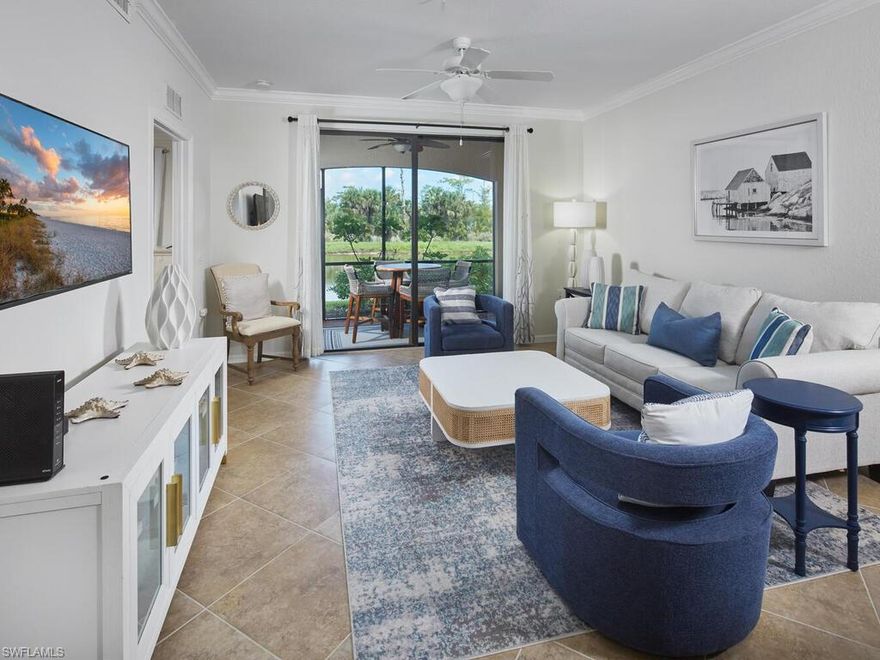 Golf membership is included with this beautiful TURNKEY FURNISHED UNIT, a 2-bedroom, 2 bath residence located in Giaveno within private, gated Treviso Bay. This well-maintained home features ample natural light, tray ceilings, and serene lake views. The kitchen will delight any chef with granite counters, beautiful cabinetry, pantry, and eat-in area. The master suite is a private retreat with walk-in closets and ensuite bath. Guests will enjoy the additional bedroom and bath. The beautiful interior flows out to the large, screened lanai offering much privacy and views of lush landscaping and the lake. Prestigious Treviso Bay offers many fine amenities including an 18-hole TPC designed championship golf course, tennis courts, fitness center, resort-style pool, and two private clubhouses with dining, shops, and spa services. Treviso Bay is conveniently located near both Marco Island and downtown Naples.