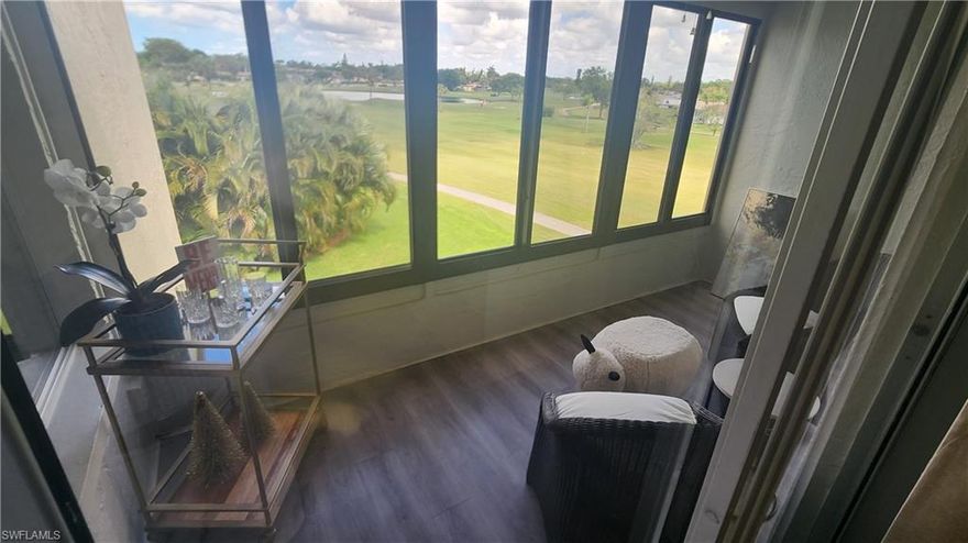 You'll love the golf course and pool views from this 3rd floor end unit. It's beautifully furnished and decorated with luxury vinyl flooring throughout. The kitchen has been renovated including new cabinets, quartz countertops and a large island. New light fixtures throughout and many lights are on dimmer switches. Master bedroom has an attached bath and two closets. The guest room features a walk-in closet. Excellent location just a short drive away from the beaches, shopping and nightlife in downtown Naples. Rent includes  basic cable, internet and water.