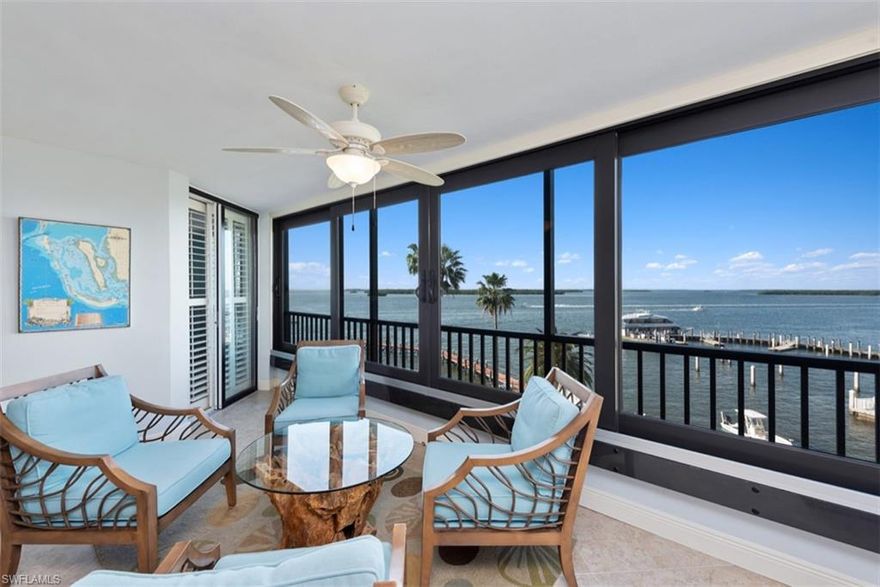C.17054 - Coastal Oasis- This Exceptional Opportunity is a rare gem. Boasting an expanded floor plan in addition to a side balcony off the dining area which overlooks the marina.  This unique Bay front opportunity offers expansive Bay, Island, Yacht and Marina views. This stunning remodeled unit boasts a cool, contemporary coastal design, soft tones and timeless selections in cabinetry, hardware and flooring. Each beautifully renovated bathroom offers a spa feel to include features such as granite counter tops, river rock and sea glass inlays and shower flooring. The expanded Master Bathroom offers plenty of counter space and a his and hers closet. The kitchen is exquisite with custom cabinetry, built in closet pantries, tile back splash, glass inlays, granite and soft close drawers. Impact glass throughout, custom plantation shutters and desirable and unique furnishings make this coastal oasis move in ready. Assigned parking, storage and views that dreams are made of can all be yours. Enjoy beautiful amenities and peace of mind with on site Association management. Close to multiple restaurants, the Sanibel Marriott Spa, causeway Islands and Sanibel beaches.
