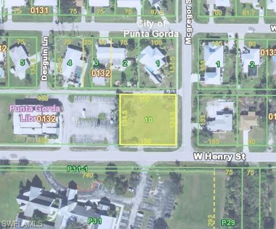 The 0.5-acre lot at 1517 McGregor Street in Punta Gorda, FL, offers a prime location for residential development within walking distance of local amenities. Situated on the corner of W. Henry Street and McGregor Street, near the new library, this lot is zoned NR-10, allowing for low-density residential use and the potential for single-family homes. The area is surrounded by established neighborhoods and is ideal for building a custom home or investment property in a tranquil and community-focused setting. This location combines proximity to downtown Punta Gorda, recreational areas, and essential services, making it a desirable choice for homeowners or investors.