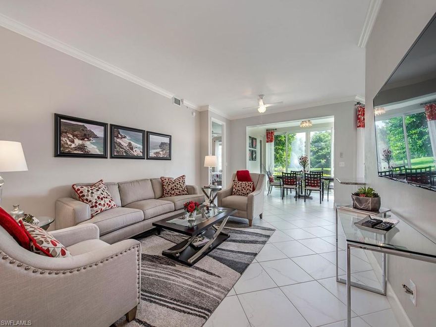 C.17777 - A stunning renovation of this 3-bedroom 2 bath condo in Egrets Walk.  Beautiful porcelain floors throughout, crown molding, granite/quartz counters, stainless appliances, gorgeous bathroom renovations, designer furnishings, new lighting and plumbing fixtures, new roof and gutters in 2020, glassed-in lanai with impact glass sliders and the most private lake view in the complex.  Pelican Marsh is an amenity-rich community with state-of-the-art fitness center, popular tennis program with on-site pro, 9 Har-Tru courts, pickleball, bocce, on-site spa services & beach access via Tarpon Cove Yacht Club. Equity golf, social & dining memberships available at the Pelican Marsh Golf Club. Premier North Naples location near upscale shopping/dining/entertainment at Mercato & 2 miles to the Gulf's sugar sand beaches. Egrets Walk has two saltwater community pools and is slated to have their own private community gate entrance to Mercato and Whole Foods.