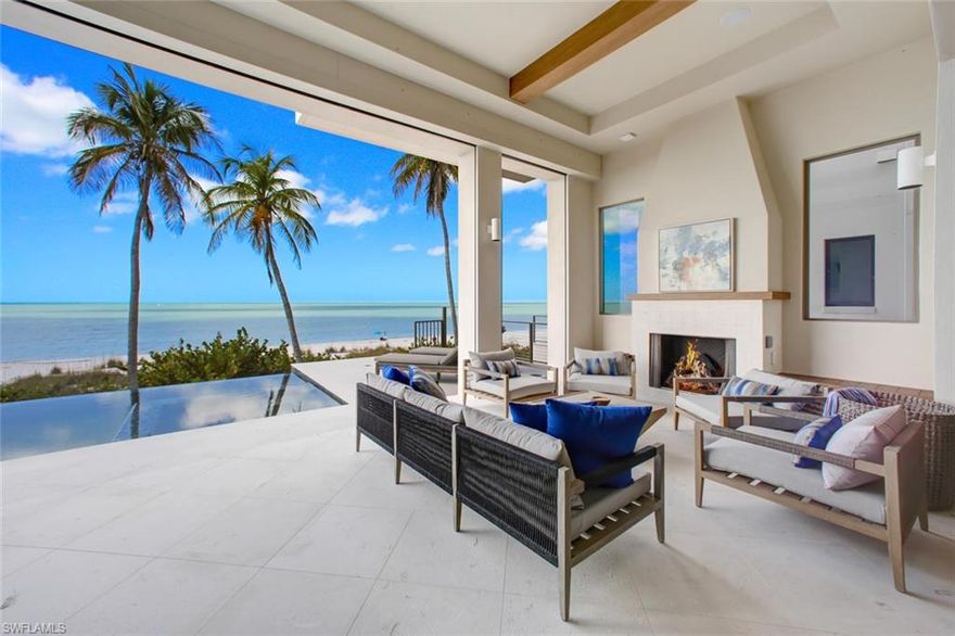 Direct Beachfront, State-of-the-Art New Construction, Now Available! This coastal contemporary, modern masterpiece features an open floor plan with fully pocketing sliders leading to the elevated entertainment deck with infinity pool/spa, outdoor kitchen & fireplace, all overlooking the Gulf of Mexico. Chef’s kitchen features Thermador appliances, leathered quartz counters and full walk-in wet bar, perfect for entertaining. Smart-Home technology includes surround sound, smart lighting system, motorized shutters/screens & private elevator. Furnished & professionally designed by area favorite Freestyle Interiors. This spacious custom home features over 5,700 sq ft of living space with dual master suites, bonus beachfront "cloud room" & 4+ car garage with bonus space for water toys. Built to the newest & most stringent codes by award-winning Potter Homes with concrete block construction & all impact-rated doors/windows. Ideally located minutes to Mercato & North Naples’ amenities, easy access to I75 & the International Airport. This state-of-the-art Gulf-front residence boasts the best of the best; all overlooking the stunning Gulf of Mexico with the sugar sand beach as your backyard.