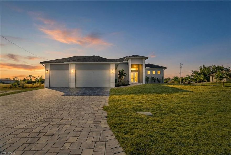 Welcome to this stunning modern pool home in Northwest Cape Coral! Built in 2026 and offering over 2,000 square feet of beautifully designed living space, this 3-bedroom, 3-bath residence plus den delivers the perfect blend of luxury, comfort, and Florida indoor-outdoor living. Step inside to discover a bright and open floor plan with soaring ceilings and stylish porcelain tile flooring that extends throughout the main living areas. The chef-inspired kitchen features a striking waterfall-edge island, crisp white modern cabinetry, stainless steel appliances, and contemporary lighting — ideal for preparing meals or entertaining guests. The spacious great room flows seamlessly to the covered lanai and sparkling pool, creating an effortless indoor-outdoor lifestyle that’s perfect for Florida’s sunshine and warm evenings. The primary suite is a true retreat, complete with a spa-like ensuite bath, dual vanities, and a walk-in shower. Two additional guest bedrooms and a flexible den offer space for family, guests, home office, or hobby use. Thoughtfully built with hurricane-impact windows and doors, this home offers added safety, energy efficiency, and peace of mind. Located on a generous quarter-acre corner lot, you’ll enjoy room to roam and the potential to further personalize your outdoor oasis. Conveniently situated near Crystal Park and future amenities like the Seven Lakes Project, this home combines tranquil residential living with easy access to shopping, dining, and recreation. A perfect choice for buyers seeking modern luxury and Florida lifestyle living. Don’t miss out — schedule your private tour today and make this exceptional Cape Coral home your own!
