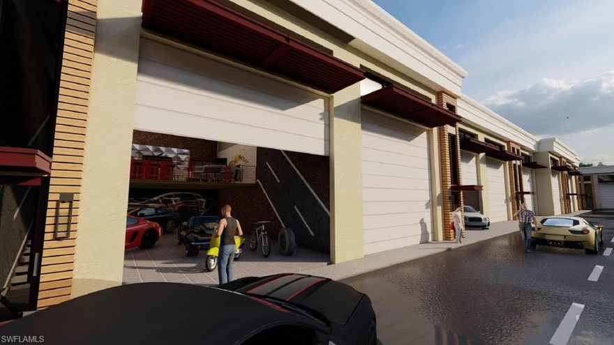 One or more photo(s) has been virtually staged, AI generated or rendered.  Indulge in the pinnacle of automotive luxury at Prima Auto Condos, an exclusive enclave just outside of Treviso Bay, approximately 5 miles from Downtown Naples’ famed 5th Avenue and minutes to Marco Island. This exceptional 1761 sq ft interior unit with overhead door creates a refined automotive retreat ideal for entertaining and showcasing your collection. Inside, enjoy 18’ clear ceilings, mezzanine level, and a full bathroom, offering flexibility for storage, lounge, or office buildout. Built with impact-rated aluminum and frosted glass doors, tinted storefront glass, LED lighting, and EV-ready 3-phase power. Secure gated community with 24/7 access, wide motor courts, and 20’ entry gates. A rare opportunity within a limited 33-unit development.