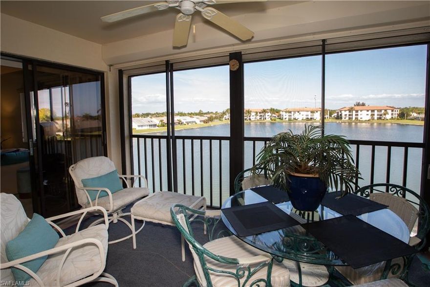 Professionally decorated turnkey condo in secure gated community!  Has an assigned storage shed & covered parking spot with this being the first spot, closest to the units. You won't be bored with plenty of social activities, many pools to enjoy, bocce ball, pickleball, tennis, billiards, ping pong, exercise room, & shuffleboard. Detail has gone into perfectly decorating the home with fabulous artistic touches, original art & designer colors. A common elevator takes you easily to the third floor, central unit for a prime view of the lake from every room. Enjoy breathtaking sunrises over the lake every day. All rooms are spacious, comfortable, & very-well furnished with a king-size bedroom set, 2 flat screen tv's, 4 ceiling fans & hurricane shutters. Ceramic tile and carpeting are warm & welcoming. Perfect for the seasonal or year-round resident.  Income potential with 30-day rentals allowed. Water heater was replaced in 2014, AC replaced in 2012 & all appliances are newer & have had minimal use except stove. This community is highly sought after with great amenities & quick access to our beautiful beaches. Just 4 miles to Fort Myers Beach and 9 miles to Sanibel Lighthouse Beach.