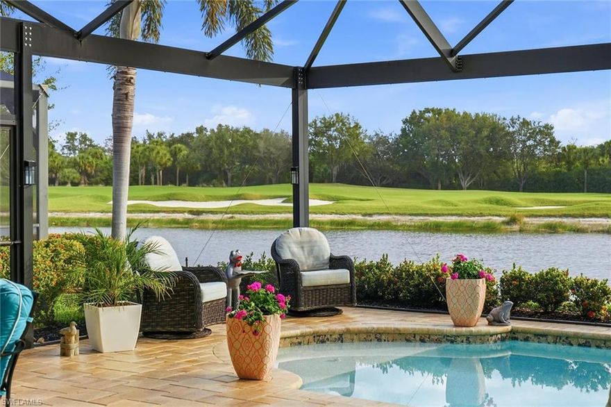 Impeccably maintained and move-in ready, this exceptional residence in the prestigious TwinEagles community includes immediate deeded golf membership and showcases one of the most desirable wide lake and golf course views in the neighborhood. Offering 2 bedrooms plus a den and 2.5 baths across 2,642 square feet, the flexible floor plan allows for easy conversion of the den into a third bedroom. In addition, the fully air-conditioned attached third-car garage presents a unique opportunity to create a bonus room, office, or guest suite if desired. The home is filled with natural light and refined craftsmanship, featuring custom cabinetry, decorative and tray ceilings, crown molding, detailed millwork, and custom door casings throughout. Every detail reflects quality construction and thoughtful design.The outdoor living space is truly exceptional, featuring a beautiful pool and expansive screened lanai with a built-in outdoor kitchen. Wide, uninterrupted lake and golf course views create a stunning backdrop for entertaining or relaxing in a peaceful, resort-style setting.Thoughtfully updated and meticulously cared for, this bright and welcoming home is impeccable in condition and ready for immediate enjoyment. TwinEagles offers world-class amenities including 2 championship golfcourses, clubhouse dining, resort-style pool, fitness center, tennis, pickleball, bocce and an active social calendar—all within a beautifully landscaped, gated Naples community.