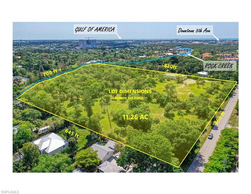 Unbelievable... 11 wooded acres... with Gulf access... so close to downtown Naples.  This property is the perfect canvas to create a one-of-a-kind family compound, a generational estate with most any amenity you can envision.  The property is zoned for one home or up 15 homesites... its up for you to decide, but either way its ready to go per the current zoning.  A 6,000 square foot air conditioned garage/warehouse is in the NW corner of the property ready for as many cars as you can fit or for whatever indoor sports activities you like best.  The ceilings are about 15 to 18 feet clear span.  Seller is offering seller financing and flexible closing dates if needed if you need to sell another property first.  The property fronts the Baker Park trail that takes you right into downtown by bike, about 2 miles.  Drive time to downtown is about 5-7 minutes depending on traffic.  This awesome property is full of Live Oak trees, Sabal Palms, mature Strangler Figs and Royal Poincianas.  You may have only one opportunity in life to own a property as special as this, where your family legacy can live on forever.  Seize it this day, and then decide how to make it your own.