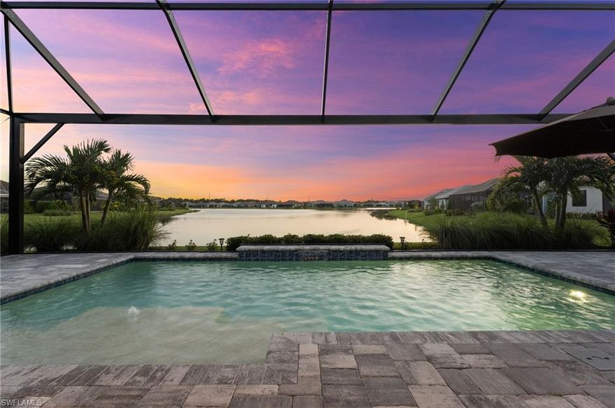 Step into this expansive and beautifully upgraded ranch home offering 3 spacious bedrooms, 2 full bathrooms, a private den, and a 3-car garage. Perfectly designed for both everyday living and entertaining, this light-filled residence blends modern elegance with comfortable style, all while enjoying breathtaking water views—one lake in back and another just across the street. Inside, you’ll find a thoughtfully designed open layout accented by plank tile flooring, tray ceilings, plantation shutters, custom fans, and recessed lighting throughout. The chef’s kitchen is a true showpiece, featuring quartz countertops, stainless steel appliances, gas cooking, oversized pendant lighting, a polished tile backsplash, wine cooler, walk-in pantry, and a butler’s pantry for added storage and prep space. French doors lead to a versatile den—ideal for a home office, hobby room, or additional guest space.
The primary suite offers a luxurious retreat with dual sinks, a spacious walk-in shower, and two generous walk-in closets. Two additional bedrooms provide comfort for family and guests alike.
Outdoor living is just as impressive. The lanai featuring a picture screen cage and sparkling pool with sun shelf and fountain create a private backyard oasis, complete with gas hookup, electric and plumbing, ready for your dream outdoor kitchen. A covered front porch adds charm and invites you to relax and enjoy the tranquil surroundings.
Beyond the home, the amenity-rich community offers something for everyone. Explore scenic biking and jogging trails, unwind at the sprawling clubhouse and lakehouse, or stay active at the fitness center, tennis courts, pickleball, basketball, and lap pool. For more leisurely days, enjoy the resort-style pool, outdoor fire pit, fishing pier, play area, dog park, or the game room with catering kitchen for gatherings.
Blending refined finishes, thoughtful upgrades, and resort-style amenities, this home delivers the ultimate Florida lifestyle in a one-of-a-kind lakefront setting.