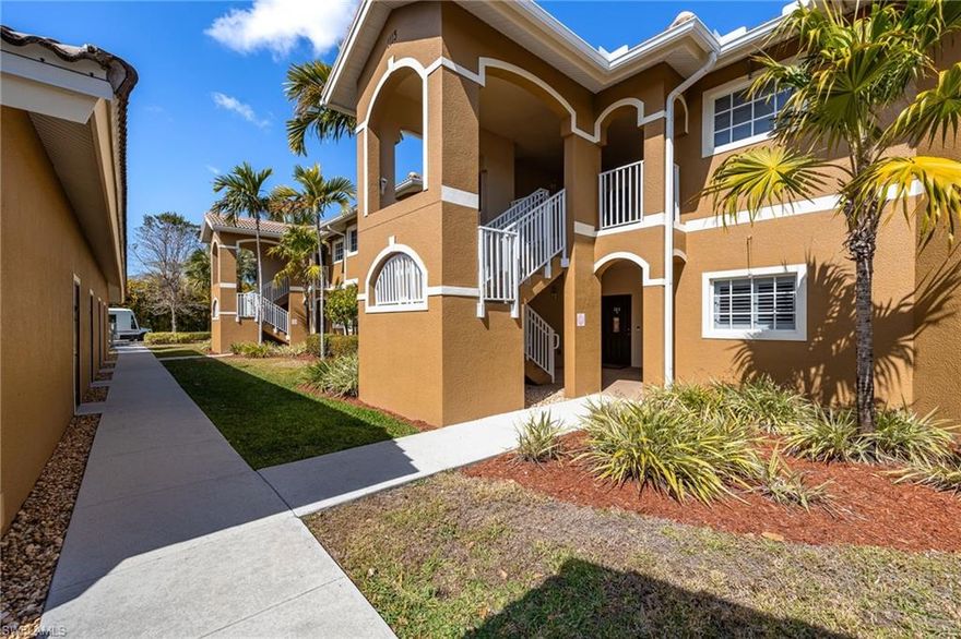 Enjoy a Carefree Lifestyle in this Beautiful, Turnkey Furnished, Well-Maintained 2-Bedroom + Den, 2-Bath Condo with a 1-Car Garage in the Desirable Casa Di Fiori Community in Cape Coral. The welcoming open floor plan features a vaulted ceiling, impact resistant windows for peace of mind, a spacious living and dining area, and a kitchen with attractive white wood cabinetry, granite countertops, stainless steel appliances, and a wall of cabinetry perfect for a pantry and coffee bar. The primary suite features a spacious walk-in closet and en-suite bath with dual sinks & a large glass shower, while the second bedroom comfortably accommodates family or visitors. There is a versatile den ideal for a home office or guest space, and a separate laundry area with a convenient washer & dryer.  Relax on the private screened lanai with your morning coffee overlooking a peaceful wooded area for added privacy.  Enjoy resort-style amenities including a large community pool, spa, clubhouse, fitness center, and tennis courts, all conveniently located near shopping and dining.