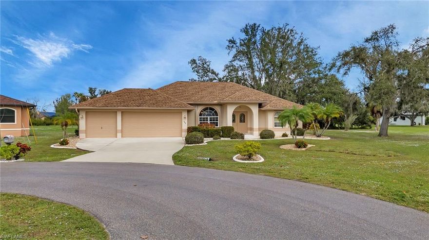 Welcome to sought after Deep Creek.  A deed restricted community in Punta Gorda, FL.  This custom built (one owner) home is on a quiet cul de sac with a huge green space behind and a water way to the Peace River.  NO FLOOD ZONE!! This home has a 3 car garage and plenty of curb appeal.  NEW ROOF, A/C, POOL HAS BEEN RECENTLY RESURFACED and new exterior paint.  This home has a split floor plan with the primary bedroom on one side of the house and the other 2 bedrooms on the other side.  Entertaining will be easy with all the living areas convenient to the outside lanai through the many sliders in the home.  Vaulted ceilings and ceiling fans are in the home as well as a separate dining/living room area and family room & dinette area off the kitchen.  This home has plenty of room for everyone to have their own space.  LOW HOA fee of $150 yr.  

All dimensions are approx

Conveniently located near airports, restaurants, shopping and beaches.  This home is a must see.