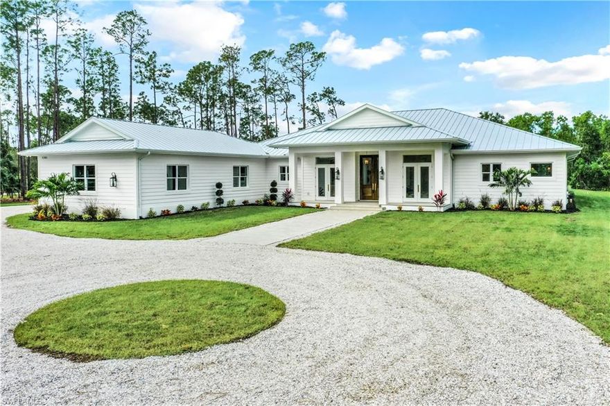 Designed for function and enjoyability - this new construction home is move-in ready. Florida beach vibes meet and seamlessly blend with country living on this nearly three-acre square paradise. Ample space to play and enjoy the outdoors, with room to add a barn or additional building on this spacious acreage. Arrive on the crushed shell drive to a large covered porch welcoming you in with ample light shining through the French doors. Wood tongue/groove ceilings add accent and beach vibes as you are immediately drawn through the home to the open kitchen and great room. Pocketing sliders invite the oversized lanai with a pool and 18 x 12 spa and covered outdoor kitchen and entertaining area in as an extension of the living space. The owner's suite offers a spacious en suite bathroom with a soaking tub, generous closet, and pool views. Three additional bedrooms on the opposite side of the house allow for space and separation. Other rooms include a dining room, light-filled office, and family room, allowing for optimal space to spread out. The three-door 4+ car garage provides plenty of room to store all your vehicles and toys. You'll know you are home when you step through the doors.