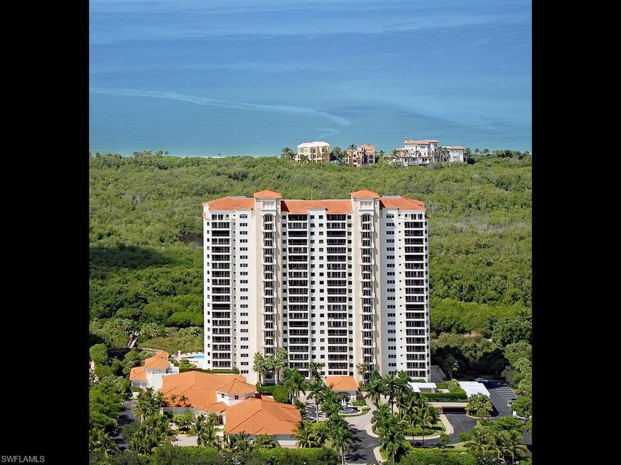 Ideally positioned on the 18th floor, this light and airy 2,195 sq. ft., 2 bedrooms plus den floor plan provides clean lines and generously proportioned rooms offering expansive views of the Gulf of Mexico and Pelican Bay. Providing lots of space for visiting family and friends, both master and guest bedrooms are en-suite. Kitchen and master bathroom cabinetry and countertops have been upgraded with stone flooring throughout the living areas.  The guest bedroom doubles as a study with built in wall unit. The floor to ceiling sliders in the living room and den fill this expansive residence with light throughout the day. Enjoy the sounds of songbirds and gentle warm breezes from two large sunrise and sunset terraces, or simply immerse yourself in the nature that is on your doorstep by walking the berm, a meandering wooden walkway through the mangroves and scenic waterways that ends at the white sand beach and private clubhouse with outdoor dining. Situated within The Marbella, a luxury high rise with wonderful neighbors and genuinely helpful staff, the amenities are second to none with concierge, dining and care services including room service, right at your fingertips.