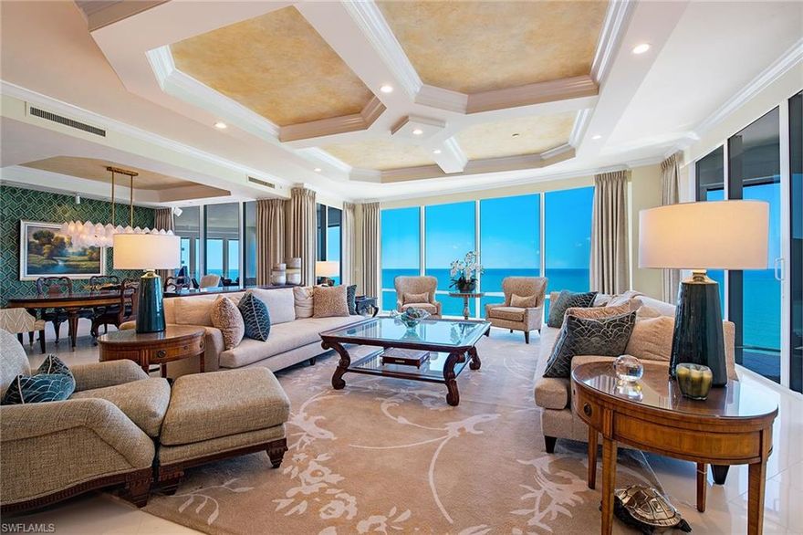 Directly on the sand and sunsets year-round! Enjoy mesmerizing Gulf views to Sanibel and beyond from one of Naples sought-after buildings! This rarely available south side Le Rivage offering is comprised of over 6,000 square feet of living area with four full bedroom suites, four-and-a-half baths, library, great room with wet bar, formal dining area and family room. Estate Fifteen South boasts three lanais (two with Gulf views and one with a bay view) and has been updated with new baths, refreshed kitchen, family room with a linear fireplace, Lutron lighting system plus art lighting, electric shades, glass-panel lanai railings with electric screens and additional designer finishes throughout. The wraparound views from the kitchen and family room area capture the sunrise over the bay and stunning sunsets in the evening. Some of the elevated building specifications include floor-to-ceiling walls of glass, 10-foot ceilings, 8-foot doors, private elevator entry, gas cooking and a water detection system. Le Rivage offers the complete luxury lifestyle, with unmatched amenities that include 24-hour front desk attendant, saline pool and spa, completely renovated lower and upper lobbies-including social room with full catering kitchen, top-notch fitness room, two Gulf-view guest suites, three parking spaces (two with EV meters), air-conditioned storage unit and separate beach storage.  The Village on Venetian Bay is a short distance away and has been heralded for its waterfront setting, wonderful dining and eclectic mix of specialty retailers. A boat slip directly across the street is negotiable.