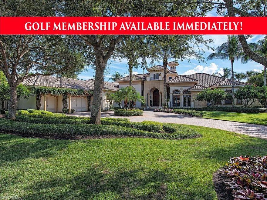 GOLF MEMBERSHIP AVAILABILITY SLOT. Elegance & luxury are immediately evident as you enter the circular motor court of this extraordinary custom-built estate by Kurtz Homes. Professional interior design & exquisite architectural details include volume ceilings, exposed natural wood beams, arched passageways, plantation shutters, French doors & rich wood & natural stone flooring. The formal living room features wood beam ceiling accents & a gas fireplace. The gourmet kitchen is exceptionally designed with wrap around countertops, built in appliances & expansive center island. The spacious family room features disappearing sliders opening to the loggia. This home has two home offices, both with built in desks. A quaint sitting area in the master suite is surrounded by windows & golf course views. An expansive master bath features his & her vanities, large soaking tub & walk-through shower. The outdoor living spaces have been thoughtfully designed for endless entertaining. Gather around the outdoor fireplace and summer kitchen under the loggia & on the multi-level lanai around the magnificent pool & spa. Southern exposure golf course views punctuate this already incredible estate.