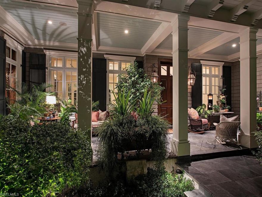 H.15016- Romantic, enchanting story-book home! Privately sited amidst lush tropical foliage on a .52 acre 114’ x 193’ lot. Elegant, unique & just steps from the Gulf, via beach walkway across the street. Inviting front porch of a bygone era w/gas coach lights welcomes you. Gorgeous, white oak floors flow throughout. Soaring ceilings, extensive custom millwork, fireplaces, 6-bedroom suites, tasteful tile work. Multiple studies, gourmet kitchen w/walk-in pantry, SubZero, Wolfe gas range, wine fridge, 2 lg. soapstone islands, open to spacious family room. French doors lead to versatile lanai w/summer kitchen, fireplace, retractable screens and shutters, ideal for year 'round outdoor enjoyment. This 9,047 Sq.Ft. residence boasts classic architecture reminiscent of a grand home in the Hamptons. Designed by esteemed John Cooney, built in 2016 to exacting standards, every element of the  was carefully chosen for its quality, character, and beauty, resulting in an exquisite blend of the finest fixtures & finishes. Storage galore! Luxurious master suite,meditation room, serene pool/spa area w/cascading water, fire pit. Gated w/ 3-bay garage, & generator. See Exceptional Features List.