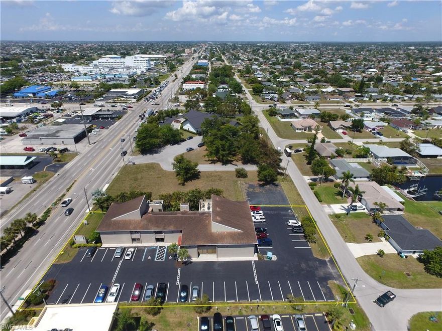 This 883 sf first floor office is located in Southeast Cape Coral along busy Del Prado Blvd. S. and Viscaya Pkwy. This unit will be available in April 2026. Office includes an open lobby/ reception area, 3 private offices, conference room, kitchenet and a large storage closet/ file station. Windows face south overlooking the parking lot. Easy access from both streets, Del Prado Blvd and SE 16th Place. Great parking and signage.