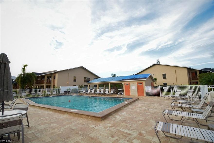 Community Dock with electric and water included at no extra cost! with Access to the Gulf from the Caloosahatchee River! Spacious 2nd Floor 2bedroom 2 bath, corner unit boasting Cathedral ceilings with an open design for Living & Entertainment, large kitchen with breakfast bar and plenty of cabinets and counter space. Washer and Dryer inside unit. Community has a nice heated pool and a pavilion for gathering with family and friends just a few steps from the condo. Covered parking, with your own outside storage space. Need more storage, you have it located on your screened balcony. Riverbend has about 112 acres of beautiful scenery lots of nature to enjoy. Centrally located minutes from downtown Fort Myers and I-75. A short drive to view SW Florida Eagle Cam off Bayshore Drive, 5 miles from the Shell Factory, and the Octagon Wildlife Sanctuary is nearby as well. You will love the location and quiet community, book your viewing today!