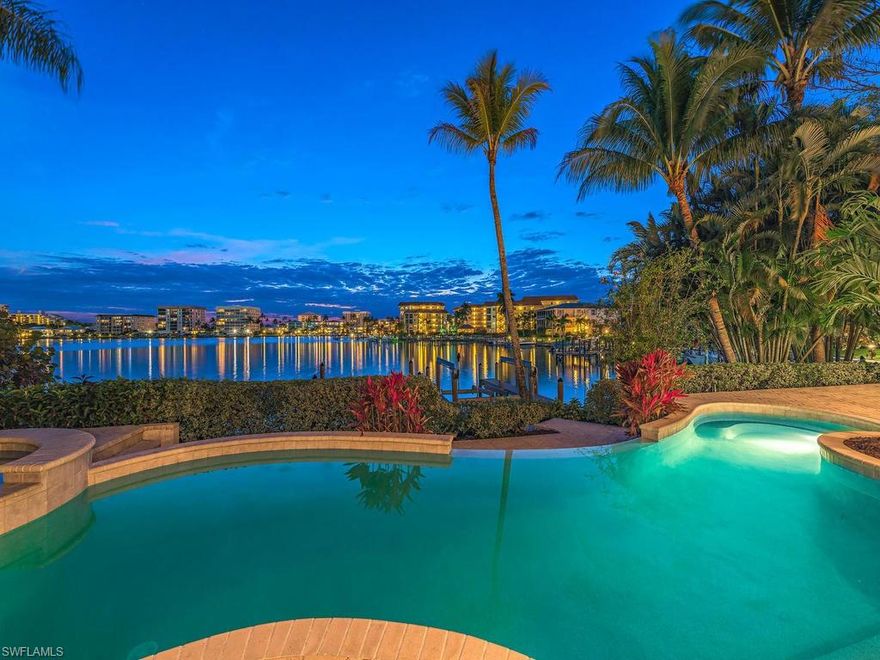 H.10519 The views are endless, the opportunty is now. One of the "Nifty 50" waterfront lots west of 41 with no bridges to Doctors Pass and the Gulf of Mexico. Wide water views across Moorings Bay from the lanai pool/spa, kitchen, family room, living room, dining area, and master bedroom. Georgeous Sunsets. Dockage for 3 boats including a boat lift.  Rebuilt seawall and dock. New roof. Freshly painted inside and out. Lushly and recently landscaped. Split bedroom plan with master and two guest bedrooms and baths on ground floor and a two room guest suite and bath on second floor. Light and bright kitchen / family room area with lots of glass and corner meet sliders. Living room with gas fireplace and separate den. Beautiful views of pool and bay from spacious master suite. Convenient beach access nearby from Gulf Shore Blvd N or from The Moorings Private Beach Park. A Boaters Dream and all in move-in condition. Enjoy the Moorings Waterfront lifestyle!