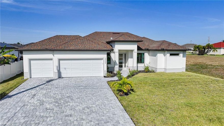 Experience elevated Florida living in this stunning new construction 3 bedroom + den, 2 bathroom, 3-car garage pool home located in a desirable and growing area of NW Cape Coral. Thoughtfully designed with a bright, open, and airy layout, this home blends high-end finishes with everyday comfort, offering a modern living experience that feels both refined and inviting. Step inside to find LVP flooring throughout, creating a seamless flow from room to room. The home is built with PGT impact-resistant windows and doors, providing peace of mind, energy efficiency, and enhanced natural light. The 3-car garage features a beautiful epoxied floor, adding a clean, polished touch as soon as you arrive. The spacious main living area opens effortlessly to the kitchen and dining spaces, perfect for entertaining or relaxing. The kitchen showcases Cambria quartz countertops, contemporary cabinetry, and a functional layout ideal for everyday cooking or hosting gatherings. Just beyond the sliding glass doors, a large lanai and sparkling pool expand your living space outdoors, creating the perfect environment for enjoying sunny Florida days. The split-bedroom floor plan offers privacy for the primary suite, while the additional bedrooms and dedicated den/office provide flexibility for guests, work, or hobbies. Outside, the property is finished with Floratam sod and an automatic sprinkler system, ensuring the yard stays lush with minimal effort. Every detail of this home reflects quality craftsmanship, timeless design, and an effortless modern lifestyle. If you’re looking for a beautifully built pool home with outstanding features and a fantastic layout, 3405 NW 8th Terrace delivers exceptional living from the moment you walk in.