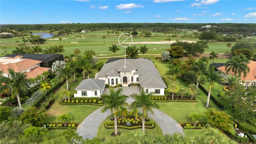 Welcome to 11681 Bald Eagle Way, a stunning custom-built home by Arthur Rutenberg, located on a private street overlooking the 9th fairway of the prestigious Talon Golf Course. This elegant residence sits on a spacious 1-acre lot, offering privacy and breathtaking views. As you approach the  property you are met with a large circular driveway, providing a grand entrance and ample parking space for residents and guests alike. Boasting 5 bedrooms and 6 baths, including 4 full ensuites, this home exudes luxury and sophistication. As you step inside through the double iron door entry, you'll be greeted by a grand interior featuring vaulted coffered ceilings, creating an ambiance of modern elegance. The kitchen is a chef's dream, equipped with Thermador appliances, a gas 6-burner stove, a large island, expanded cabinets with under cabinet lighting, and a wine/beverage cooler. The butler's pantry adds a touch of convenience and functionality to the space. Whether you're hosting a dinner party or enjoying a cozy meal with loved ones, this kitchen is sure to impress. Relax at the end of the day in your serene master suite with dual vanities, a soaking tub, separate shower and his/her closets. The outdoor area is a true oasis, featuring a saltwater pool with electric and gas heat, a spa, water bowl features, a fountain, and a sun shelf. The large outdoor kitchen equipped with a gas grill and bar is perfect for entertaining, while the wood ceilings in the outdoor living space add a touch of warmth and sophistication. Automatic roll-down shade/storm screens provide both comfort and convenience. In addition to its impressive features, this home includes an attached Casita with a private courtyard, adds a layer of versatility to the home, catering to a range of lifestyle requirements. This home is situated on an oversized lot with desirable western exposure, allowing you to enjoy beautiful sunsets and ample natural light. Twin Eagles is one of the finest communities in SWFL, experience 1,115 acres of natural tranquility, 2 Championship Golf Courses- Talon course designed by the Nicklaus Group and The Eagle Course designed by Steve Smyers. New Clubhouse, bocce Courts, Himalayan putting green, Fitness Center, Tennis, Pickleball, resort pool and tiki bar. Immediate FULL GOLF Membership available!