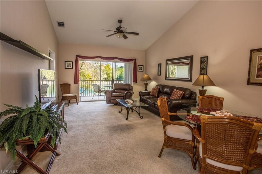 Best Priced Unit in Sherwood. Second floor 2BR+DEN/2BA/ end unit with a 1 car detached garage and a lake view. This unit offers an eat in kitchen with plenty of cabinet space, tile floor and breakfast bar. The living/dining area features a vaulted ceiling. Enjoy the tranquil lake view from the lanai. Sherwood amenities include a clubhouse, community pool, basketball, exercise room and tennis. Close to I-75, shopping, restaurants and a short drive to Naples white sandy beaches.