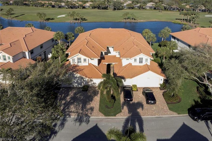 Imagine starting your day with stunning sunrises, picturesque lake, and golf course views while sipping your morning coffee at this first-floor coach home. The property comes fully furnished with everything you need, including crown molding, newer stainless steel appliances, and plantation shutters in all windows. The living room features a custom-made entertainment center and a great lake view. This home offers two bedrooms, a den, two full bathrooms, a two-car garage, and a 2022 roof. The primary bedroom is a peaceful retreat, with an en-suite bathroom with double sinks, a separate shower, and a tub. The den/office is versatile and can be used as a third bedroom, thanks to its sleep sofa that can convert into a king-size bed. The dining area is adjacent to the living room and kitchen, leading to the lanai, perfect for outdoor dining and lounging. You'll love the garage, which has plenty of shelves for all your storage needs. Morningside offers a heated pool/spa & fitness room, and it's located close to the main gate entrance and Coconut Point Mall. ShadowWood is a beautifully landscaped, gated community that offers various homes in a peaceful and tranquil setting. residents can choose from many amenities, including golf, tennis, pickleball, a beach club, a fitness center, and more.