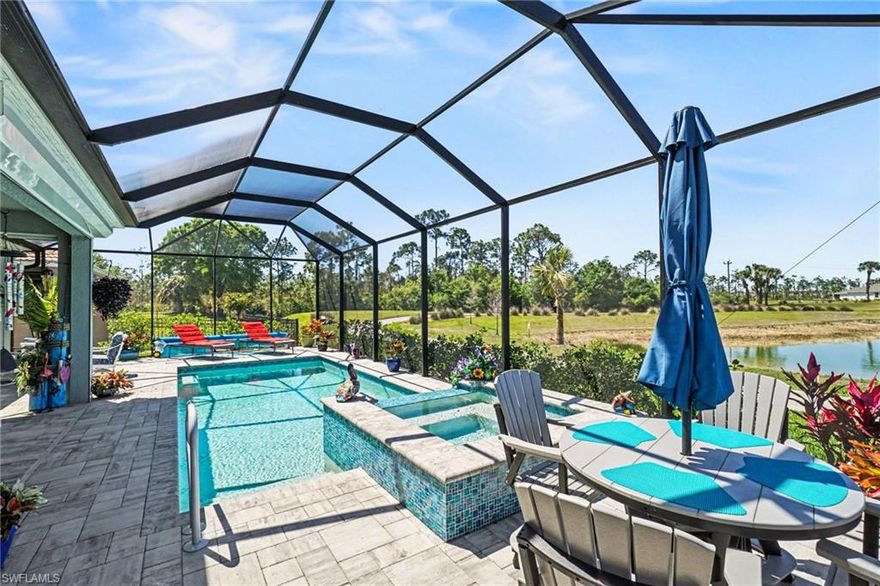 Luxury, Lifestyle, and Views — All in One Magnolia Landing Gem! Step into this stunning 3-car garage, 3 bed + den (two master suite), 5 bath pool home with sweeping golf course and water views. Wow-factor curb appeal welcomes you with professionally upgraded landscaping featuring cement curbing and stone beds. Inside, enjoy plantation shutters, stylish ceiling fans, and modern lighting throughout. Say goodbye to builder-grade appliances with a Samsung French door refrigerator with drawers, Whirlpool stove with air fryer, and Insignia microwave.  Other great upgrades include a zero-corner glass window with manual transitional shades and expansive sliding doors with electric transitional shades while the UV lighting and cleaning kit on the A/C ensures cleaner, fresher air. Even the garage shines with a sleek epoxy-coated floor and pull-down attic stairs - perfect for maximizing storage and functionality. Outdoors, a saltwater pool and spa - with fabric solar pool heating panels (circulating water), large covered lanai with electric hurricane shutters, and exterior half bath create a perfect space for entertaining or relaxing. This home seamlessly blends style, function, and unparalleled golf course and water views, offering a true resort-style lifestyle. Located in Magnolia Landing, residents enjoy premier golf course living, community amenities, and the peaceful charm of North Fort Myers, all centrally located near everything SWFL has to offer. This is a rare opportunity to experience luxury, leisure, and beauty in one exceptional home.