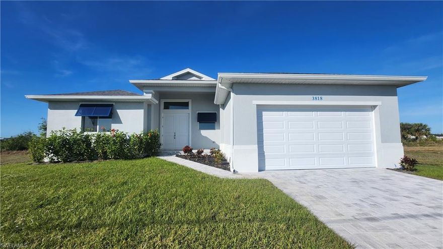 Take advantage of the newest building codes and high elevation! BRAND NEW & MOVE-IN READY 4 BEDROOM HOME!! Certificate of Occupancy already in place!! $50,000 OF UPGRADES INCLUDED!  BEST PRICED HOME IN CAPE CORAL WITH THIS MANY UPGRADES! 13+ FOOT VAULTED CEILINGS! **BRICK PAVER DRIVE + WALKWAY! 100% UPGRADED WOOD-LIKE TILE FLOORS THROUGHOUT! **AUTOMATIC SPRINKLER SYSTEM! **UPGRADED SOD! **GIGANTIC WALK-IN SHOWER **OVERSIZE LAUNDRY/UTILITY ROOM! **SOFT CLOSE SYSTEM ON ALL CABINET DOORS! **DECORATIVE BERMUDA SHUTTERS IN FRONT** A MUST SEE!!!!!!!!! This move-in ready home in Cape Coral presents an exceptional opportunity for prospective buyers. Want a deal? This is priced $50,000 less than comparable homes. This property offers outstanding value in today's market. With a generous 1900+ square feet of open living space and a 2-car garage, this home is designed to accommodate the needs of almost any size family. As you approach the home, the brick-paver driveway and walkway create a welcoming entrance, complemented by the towering entryway and meticulous landscaping. Inside, the attention to detail is evident, with tall ceilings, wide baseboards, and lots of natural light adding a touch of sophistication to every room. The wood-like tile floors provide durability and style, offering a seamless flow throughout the living spaces. The kitchen is a chef's delight, featuring white raised panel cabinets with slow-close doors and drawers, a large island with a stainless sink, and a full 4-piece upgraded stainless-steel appliance package. The split-bedroom layout provides privacy for the occupants, with the master bedroom serving as a luxurious retreat. Luxurious bathroom with an enormous closet and a beautifully appointed master bathroom with dual sinks and a frameless glass shower wall add to the appeal of the space. In summary, this meticulously designed and upgraded home offers luxury living at an unbeatable price. With its quiet location, desirable features, and significant price, it represents a rare opportunity for buyers looking to own a piece of paradise in Cape Coral.