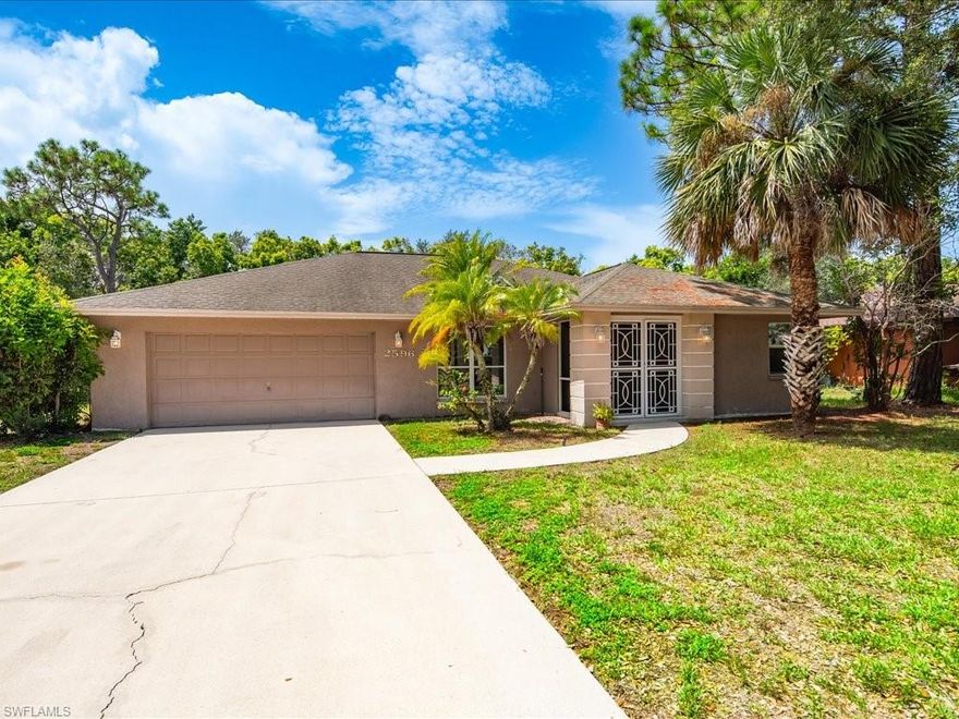 2596 River Reach is a rare fixer-upper, DIY, investor opportunity in the highly desirable River Reach neighborhood of Naples. Great renovate/resale project for a licensed contractor too. Seller states there was NO floodwater intrusion from Hurricane Ian. Classic South Florida 3 bedroom, 2 bath home. Split floorplan with 1 large bedroom, private bathroom, and walk-in closet on one side of the central living area; 2 smaller bedrooms with a shared bath on the other side. Vaulted ceiling in living area, skylights in living room and larger bedroom, 2-car garage with laundry area, screened rear lanai. Covered, screened entryway leading to double front doors. Roof needs to be replaced, HVAC system does not work, interior/exterior renovation and paint needed. Offered As-Is with right to inspect, priced accordingly.