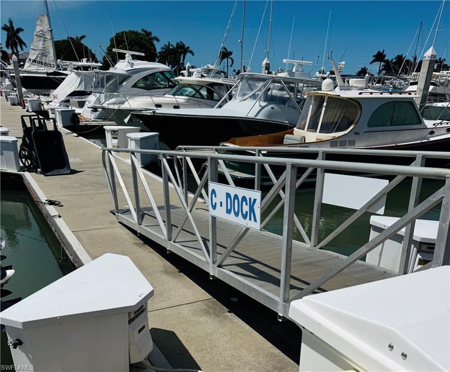Prime boat slip in one of Marco Island's premier marinas.   Slip C-65 is a 45 ft slip allowing for a 49 ft boat LOA.   With a 17ft 4 in beam this slip can accommodate a boat lift with board approval.  The ability to rent or use as a live-aboard expands life style and investment opportunities.  Featuring a modern floating dock system for easy, stable access and superior protection. Utilities provided: electric (metered for fair usage), water available along with a flat fee of $50/month covering water/sewer, and WiFi, plus on-site pump-out service for convenience.
The marina is a boater's paradise with resort-style amenities including a heated pool for year-round enjoyment, barbecue grills for casual waterfront cookouts, corn hole and bocce courts, an exercise room, a welcoming lounge with pool table, conference room, showers and restrooms, laundry facilities, ice service, mail boxes, security cameras and even a dedicated dog run.
Additional perks include dock master onsite daily  for seamless arrivals and departures, a non-smoking environment, and a parking lot conveniently close for easy boarding and unloading. Enjoy quick access to Marco Island's stunning Gulf waters, beaches, dining, and vibrant island lifestyle—all from your own secure slip.
Whether for seasonal escapes, full-time living, or investment, this turnkey-ready boat slip delivers unparalleled comfort, community, and convenience in paradise.