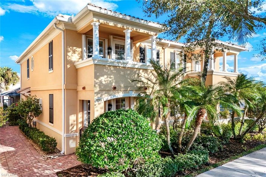 This charming three-bedroom, three-bathroom townhome is located in the highly sought-after Verona Walk community and just a minute walk from the community center. The 1,868-square-foot Cayman model is thoughtfully designed to prioritize privacy and outdoor living, featuring two spacious primary suites upstairs, each with its own en-suite bathroom, along with a private downstairs guest suite also with access to a full bathroom. The home offers several outdoor spaces, including a front porch off the downstairs bedroom, a private upstairs balcony, and a large screened-in lanai. The home features granite kitchen countertops, luxury vinyl plank flooring in the living room, bamboo flooring on the stairs and on the second level, stainless steel appliances, new accordion hurricane shutters, and a covered two-car garage located at the rear of the property. Verona Walk is a well-established gated community known for its impressive resort-style amenities. Residents enjoy resort-style pools, tennis, pickleball, bocce, and basketball courts, along with a vibrant town center with its own bar and grille, ice cream shop, café, salon, post office, and gas station. Conveniently located off Collier Boulevard, the community provides easy access to shopping, dining, and entertainment in Downtown Naples, as well as to the beautiful beaches of Naples and Marco Island.