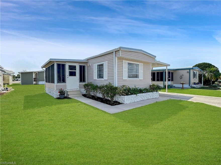 Welcome to effortless living in this charming 2 bedroom, 1.5 bathroom well-maintained manufactured home in a highly desirable 55+ co-op gated community. With low HOA fees that include on-site management, wifi, cable, lawn maintenance, trash pickup and access to resort-style amenities, this home offers unbeatable value. Step inside to a bright, open layout featuring a sun-soaked converted lanai that flows seamlessly into the living space - perfect for relaxing or entertaining. The covered carport easily fits two cars or doubles as a great outdoor gathering area. Want more space to enjoy the Florida lifestyle? The unscreened patio is ideal for morning coffee, evening cocktails or hosting friends. Plus, there's a storage shed for all your extras. Bonus - you OWN the land, no lot rent. Live the resort lifestyle! Enjoy an amazing heated community pool, clubhouse, shuffleboard, pickleball, bocce ball, weekly bingo, dances, and even a tiki bar! This prime location puts you minutes from shopping, dining, and downtown, just 15 minutes to the airport and a short drive to the beach. And with a new metal roof (2023), this home is truly move-in ready. Being sold turnkey furnished, so all you need to do is bring your suitcase. If you're looking for an affordable, low-maintenance home in a fantastic community, this is it!