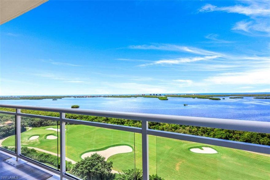 Soak in panoramic Gulf and bay views from the 16th floor in the highly sought-after Seaglass at Bonita Bay. You will be mesmerized by the spectacular sunsets as they set over the Gulf of Mexico and Estero Bay. Upon entering this magnificent home through your private elevator foyer and double door entry, you will fall in love with the extremely desirable open floor plan this residence has to offer. Special features of this elegant home include 10-foot, 4-inch ceilings, Thermador gas cooking appliances, two expansive terraces, three large walk-in closets, electric sun screens in every room, and an outdoor kitchen with a gas grill. Seaglass offers residents an unsurpassed lifestyle that includes 24-hour concierge services, a resort-style pool, billiard room, fitness center, private movie theater, event rooms, guest suites, private rooftop terrace and luxury spa and massage rooms. Bonita Bay has five world-class championship golf courses, tennis, pickleball, marina, courtesy shuttle to a private beach park on Little Hickory Island and 12 miles of biking and walking paths. You do not want to miss out on this opportunity to own your own slice of paradise in the heart of Bonita Springs!