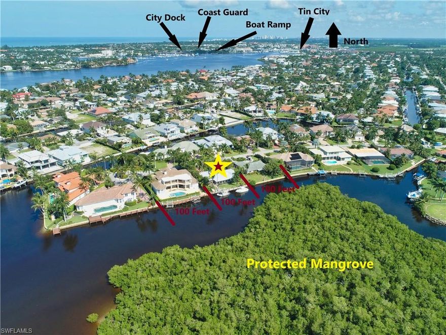 Research is DONE and this is the ONLY waterfront home in Naples in range with the UNMATCHED VIEW of protected mangrove sanctuary and long Water view to the inter-coastal waterway. No staring into your neighbor’s backyard and pool. Truly a “boaters dream”!!! Direct access, No bridges, to the ICW, Naples Bay/downtown and the Gulf of Mexico. The 100’ seawall and 80’ dock will conveniently handle a considerable size vessel and water toys. Aerial photographs do not do justice to the beautiful water view and the serenity of the protected mangrove (No staring into your neighbor’s backyard and pool). Must be seen in person to appreciate this unique opportunity. Additionally, the property sets on a gorgeous, royal palm lined, cud-de sac peninsula...secluded, with very little traffic. BOATING, SERENITY & BEAUTY!!!. Only 2.5 miles to Naples Beach and 5th Ave Downtown Naples’ shopping and restaurants. Great boater’s NEW FLASH: City will provide, at no cost to you, dredging/rock removal of your waterways beginning 2022. PERFECT TIMING!