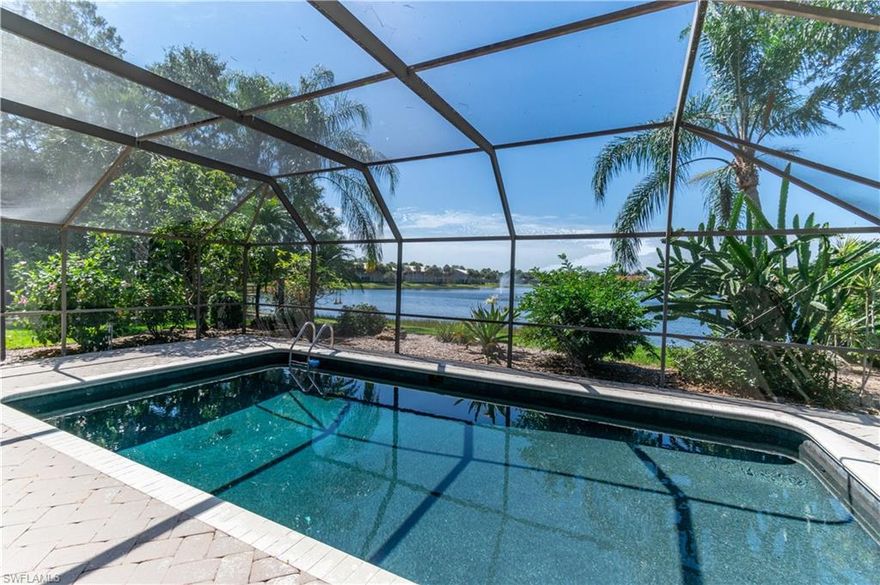 You will fall in love the moment you walk into this beautiful 3 bedroom+Den Pelican Landing Estate home with breathtaking southern long lake views in private and tranquil setting with only one neighbor and preserve on the other side but still walking distance to the community center and Publix Shopping Center. The open floor plan and large windows and doors offer plenty of natural light. The modern living room and kitchen have been recently remodeled and the roof was replaced in 2017. Pelican Landing amenities include private beach island, canoe/kayak park, sailing club, 12 tennis courts, bocce ball, community fitness center, butterfly garden and much more! 36 holes of Championship Golf. Social & Golf Memberships are available but not mandatory!